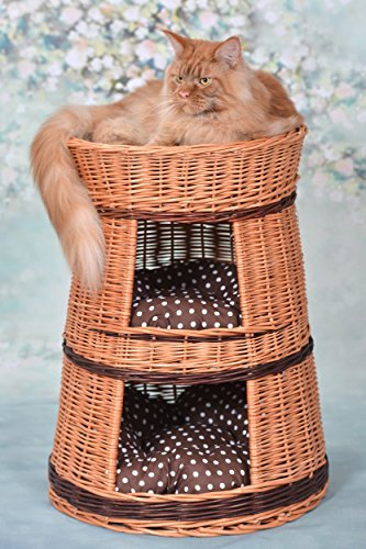 e-wicker24 Alles aus Weide Runde Katzenhütte in Naturfarbe, Katzenkorb aus Weide, Korb für die Katze mit DREI Etagen, Katzenlager mit Kissen, Katzenturm
