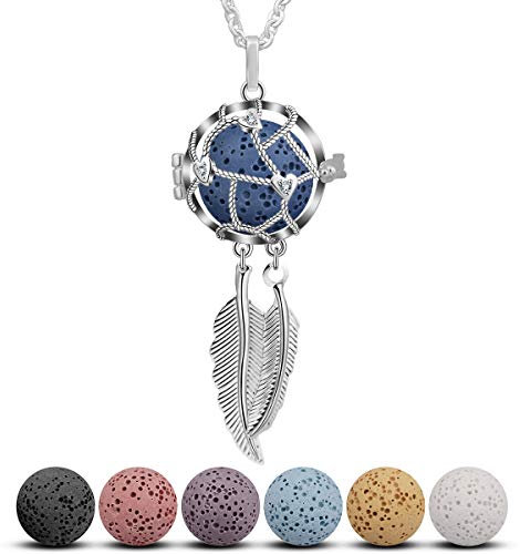 Damen Aromatherapie Halsketten, Lava Ätherisches Öl Diffusor Ketten, Versilberter Traumfänger Medaillon an 46CM Kette, 7 Mehrfarbige Lava-Perlen, CELESTIA Schmuck, Geschenk für Mädchen