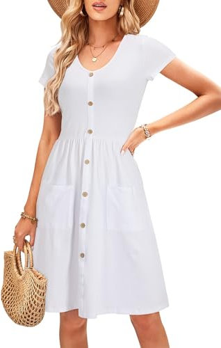 OUGES Women's Summer Short Sleeve Dress V Neck Casual Button Down Midi Ladies Dresses with Pockets(White395,S)