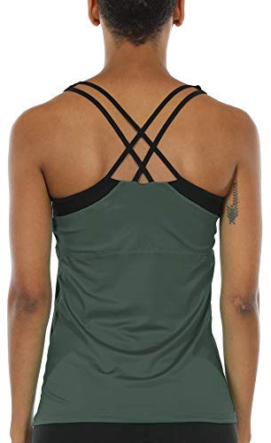 icyzone Damen 2 in 1 Sport Yoga Tops mit BH - Gym Shirts Fitness Trainings Tank Top (L, Rauchiges Grün)