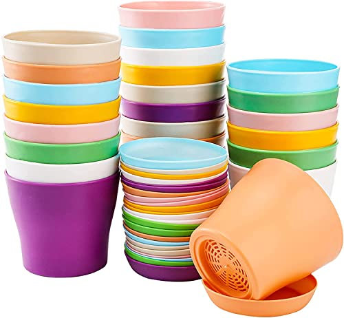 Tosnail Kleine Blumentöpfe aus Kunststoff, bunt, für drinnen und draußen, für Büro, Haus, Schreibtisch, mit Palettenablagen, 8 Farben, 24 Stück