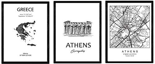 Pack von Plakaten und Denkmäler Ländern. Athen Stadtplan, Karte Griechenland Akropolis Denkmal. A4-Format