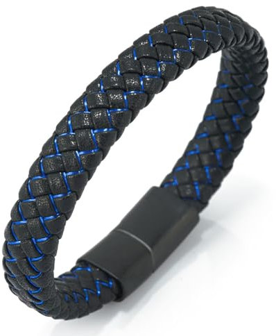 HALUKAKAH ● Veille de Nuit ● Le Bracelet de l’Homme en Cuir Véritable Noire Cordon Bleu Fermoir Magnétique Titane 21.5cm avec Le Boîte-Cadeau Gratuit