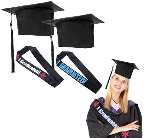 Liwein 2 stück Abschluss Hut Bachelor Doktorhut Einstellbare Erwachsene Uni Absolventenhut Studentenhut +2 Schärpe Hochschule Universität Unisex Schwarz Quaste