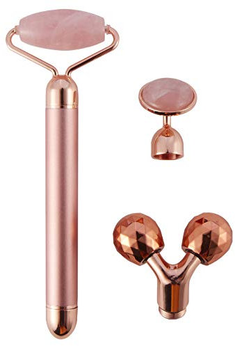 WANGDEFU Electric Jade Roller Face Massager,3-in-1,100% Natural Rose Quartz Facial Roller Kit,Skin Care Beauty Roller Tool for Anti-Aging,Anti-Wrinkle,Skin Tightening,Chin Toning Roller,Rose Gold