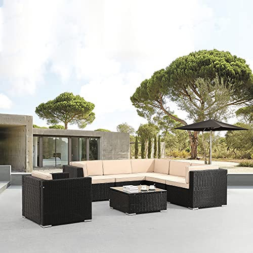 Arebos Polyrattan Gartenmöbel Lounge Porto | Inkl. Sitzkissen | mit Sessel | 6 Personen | UV-beständiges Polyrattan-Geflecht | Tisch mit Glasplatte | Frei kombinierbar | Schwarz