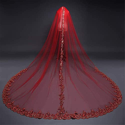 ABWYB Roter Super Langer Schwanz Bridal Schleier mit Kamm Stickerei Spitze Rand Hochzeit Schleier 3D Blume Applique Cathedral Prinzessin Tüll Schöne Hochzeitskleid Zubehör für Frauen,Rot,3M × 3M