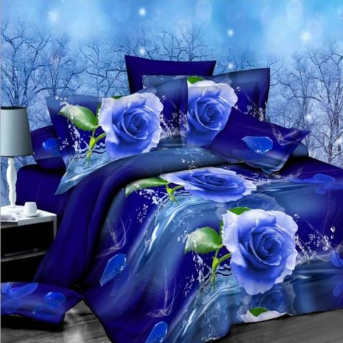 AMCYT Blaue Rosenbettwäsche Bettwäsche 135x200 3D Romantische Blume rote Blaue,Bedruckte Bettwäsche Tröster Set Romantische Blume Bettbezug (Blaue1,135x200cm/80x80cm)