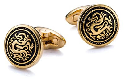 Longcreek - Herren Manschettenknöpfe, Drachen-Manschettenknöpfe, Gold, Emaille, Smoking, Punk, Wikinger, Keltischer Drache, Totem, Braut, Best Man, Geschenk, Erwachsener, Unisex, Rund