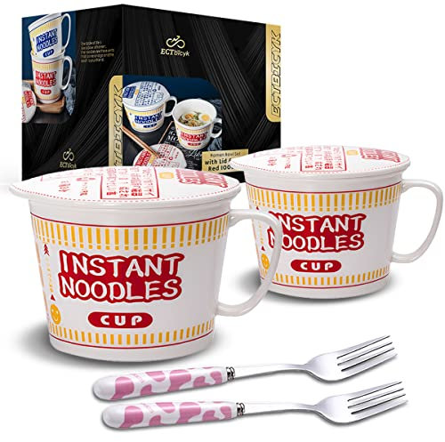ECTbicyk Lot de 2 bols à ramen avec couvercle et poignée - En céramique - Avec fourchette - Cadeau pour les amateurs de ramen - Rouge