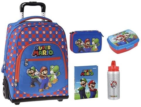 Super Mario Schoolpack Sac à dos Trolley Big Trousse à 3 fermetures éclair Sac d'école, Journal 12 mois, gourde, porte-goûter, bleu, grand