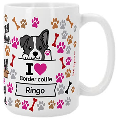 Bee Ingenious Taza Border Collie personalizada con nombre. Taza desayuno XL de 443 ml. Taza perros personalizada con nombre. Regalo Tazas razas de perros. Tazas originales para regalar. (Border)