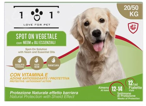 Antiparassitario Cani contro Pulci, Zecche e Zanzare Naturale 12 Fiale 1 ml Antipulci per Cani Taglia Media e Grande con Olio di Neem Lunga Durata