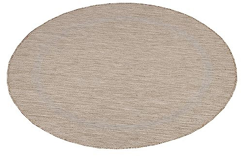 Teppium Outdoor Teppich Wetterfest 120 cm Rund Beige Sisal Optik - Küchenteppich Waschbar rutschfest, Wasserfest, Bordüre, Pflegeleicht - Ideal für Balkon, Terassen, Garten, Camping oder Küche