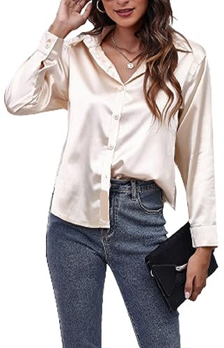 BHUJIA Camicia di Seta di Raso delle Donne a Maniche Lunghe Button Down Camicia, Camicia Elegante della Camicia Casual di Seta (L,Champagne)