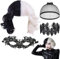 DKDDSSS Kurze Schwarz Weiße Perücke, Cosplay Perücke mit Spitze Augenmaske und Halskette, Halb Schwarz Halb Weiß, für Halloween, Karneval und Party Fancy Dress