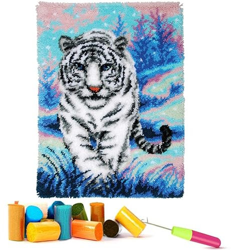 EMISTEM Latch Hook Kits for Adults - DIY Latch Hook Rug Kits for Kids, Crochet Kit for Beginners, Rug Making Kits with Printed Canvas, Gift Packaging.(White Tiger Walking on Snow, 20x15)