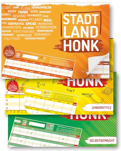 Stadt Land Honk® Das Stadt Land Fluss Gesellschaftsspiel im 3er Set | 50 Blatt für extra langes Spielerlebnis | Stadt Land Fluss Block (A4) | Familien Spiel für Jung und Alt | Spieleabend