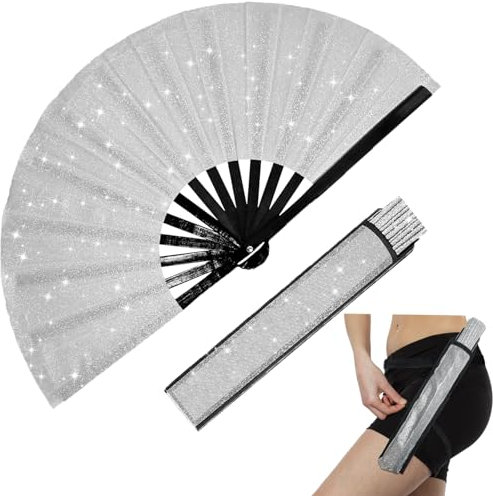 dmjuncong Large Folding Glitter Rave Fan,Clack Handheld Fan with Leg Strap and Fabric Case Bag,for Festivals,Carnival,Rainbow Outfits,Disco Party,Home Decoration and many occasions.Silvery