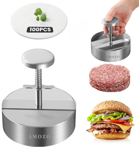 AMOZO Burger Press Patty Maker with 100-Sheet Baking Paper, Stainless Steel Grill Burger Smasher Hamburger Patty Maker,Pattie Maker Shaper, Non-Stick Patty Press for Burger Lovers.(5.5 Inch)