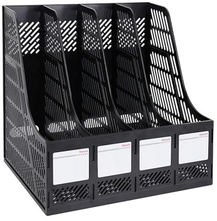 Elezeal Magazine File Holder, Sturdy HIPS Plastic 4 Vertical Book Organiser with Hollow Design, Durable A4 Desktop File Rack Document Storage Magazine Holder for Office, School, and Home - Black