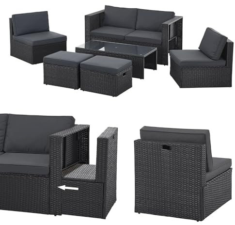Juskys Salon de Jardin Salou en polyrotin - Espace Lounge d'extérieur résistant aux intempéries pour 6 Personnes - Coin Salon avec Table & Coussins - pour Jardin, Balcon, terrasse - Noir