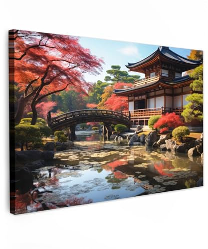 MuchoWow© Wandbilder Groß 120x80 cm XXL Schlafzimmer Home Deko Wohnung Bild Wohnzimmer Fotoleinwand Wand Bilder Leinwand Wall Decor Japanischer Garten - Fluss - Bäume - Natur - Japan