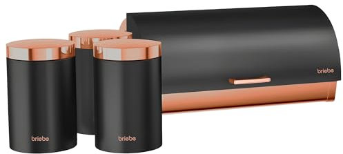 briebe Table Bread Bin Set + Set of 3 Kitchen Storage Cans, Stainless Steel, Container for Storing Bread and Pastries, Sliding Lid, Modern Design, Bread Box, Matte Black/Rose Gold