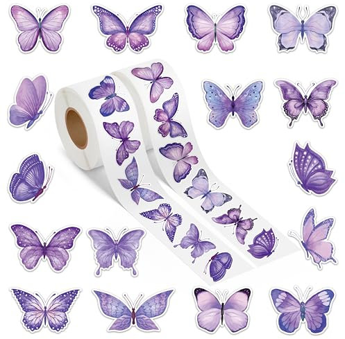 A1diee Purple Butterfly Sticker Decals - Watercolor Decor Vintage Butterflies Stickers for Girls Scrapbook Crafts Laptop Party Favor Windows Water Bottle Decoration,1000Pcs in 2 Rolls with 16 Patterns