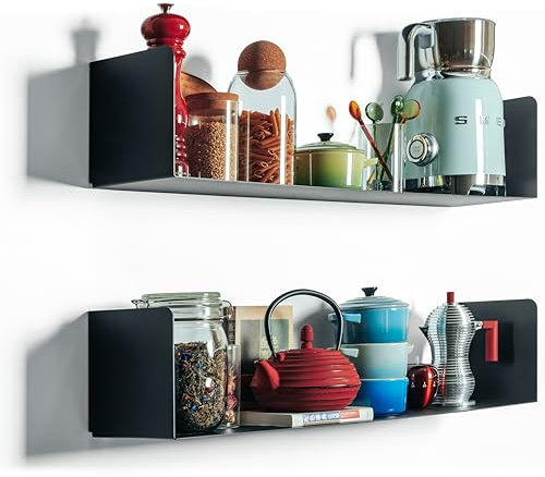 etterr Doppelpack Wandregal Schwarz Metall | 70x15 cm | 100% Stahl Bücherregal Wand | Wandregal Küche | Regal Wand | Regale für Wände