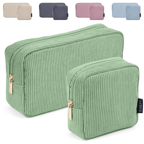 MAGEFY 2 Pcs Kleine Make up Tasche für Handtasche, Cord Make up Tasche mit Fächern Reise Make up Tasche für Mädchen Frauen (Grün)