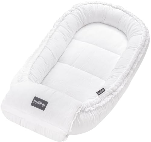 Bellochi Babynest für Neugeborene | Babyliegennest | 100% Baumwolle | 100x60 - mit Schutzkanten | 0-9M | Cuddly Muslin White