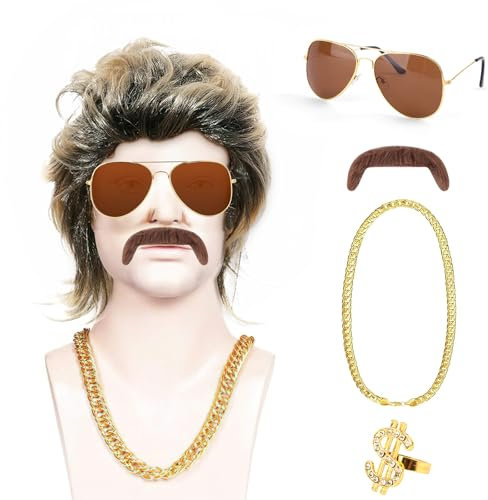 80er Jahre Kostüm Herren, Vokuhila Perücke Herren 5er Set, Blond-Braun Perücke Männer mit Goldkette, Sonnenbrille, Schnurrbart, Goldring- für Halloween Fasching Karneval Thema 70er 80er Kostüm Party
