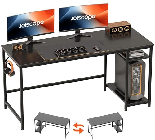 JOISCOPE Home Office Tavolo da Gioco con Rack di Stoccaggio, Piccolo Computer Tavolo da Ufficio con Tavolo, Moderno Computer Tavolo, Studio e Tavolo da Scrittura, 152cm, Nero