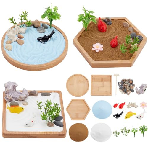 WEBEEDY 3 Sets Mini Zen Garden Sandbox Gift Set Sand Tray Therapy Kit Desk Sandbox for Adults, Japanese Zen Garden with Natural Sand, Rocks, Instruction and Accessories