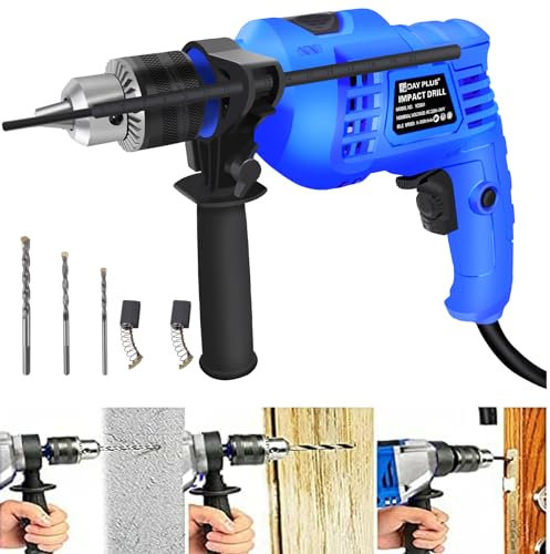 Perceuse électrique à percussion 2-en-2 3000RPM à vitesse variable avec poignée rotative à 360°, jauge de profondeur, mèches pour percer l'acier, la maçonnerie et le bois