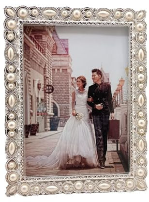 Xshelley 5x7 Zoll Perle Bild mit Kristallrahmen, Silber überzogen mit High Definition Glas Fotorahmen,Perlen eingelegt mit weiß galvanisch glänzend Silber Zink Legierung Fotorahmen für Hochzeiten