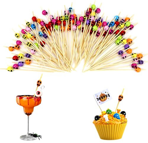 XIAQICA 200 Piezas Halloween Palillos Coctel Brochetas 12 CM Palillos Dientes Cráneo Decoración Colorido Palillos para Aperitivos Palo CóCtel para Bebidas Frutas Pastel Varios Partidos Decorativos