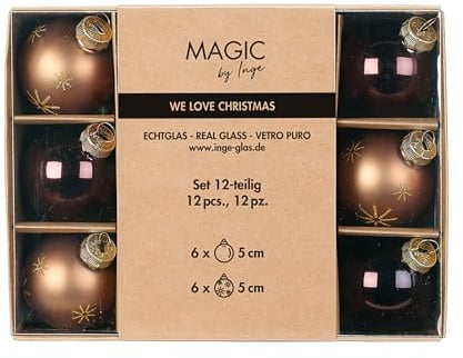 Weihnachtskugeln Glas 5cm 12er Set - Glitzer Schneeflocken Motiv - Christbaumkugeln Weihnachtsbaumkugeln für Weihnachten - Christbaumschmuck & Weihnachtsbaumschmuck Braun - Elegant Lounge