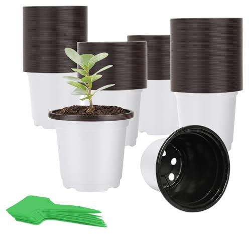 CNNIK 100 Stück Anzuchttöpfe 10cm Pflanztöpfe Kunststoff Rund Blumentopf Plastik Innen Außenbereich Anzuchttopf Weiß Untertopf mit 100 Stück Pflanzenschilder
