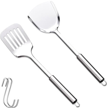 3 Pcs Spatulas Set, with Hanging Holes Spatulas for Cooking Durable Spatula Long Handled Kitchen Spatula and Silver Slotted Turner for Decompression