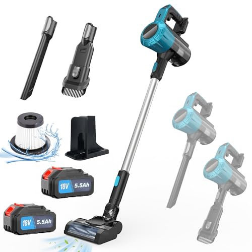 Akku Handstaubsauger, Ersetzen für Makita 20V, Bürstenlos Akku Sauger Tragbar Handstaubsauger 15000Pa, mit 2x5500mAh Akkus, 6 Zubehör