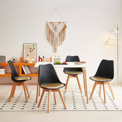 H.J WeDoo Esszimmergruppe Esstisch mit 4 Stühlen Essgrupp, Rechteckig Küchentisch und Esszimmerstühle mit PU Leder Kissen, Sitzgruppe für Wohnzimmer Küche Büro(Weiß Tisch+4 Schwarz&Gold Stühle)