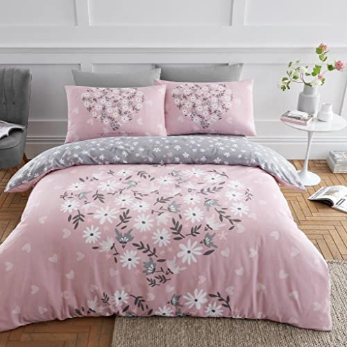 Lions Pink Heart Floral Bedding Set - Reversible Double Duvet Cover with Matching Pillowcase, Super Soft 3 Piece Flower Quilt Covers, Button Closure, Girls Women