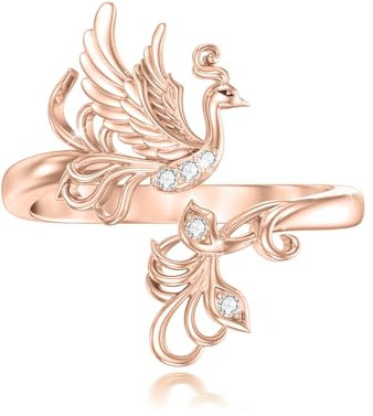 ABIGY Rosa Gold Phönix Ring 925 Sterling Silber Phönix Schmuck Phönix Verstellbarer Ringe Feder Ring Rosa Gold Ringe Weihnachten Halloween Muttertag Valentinstag Geburtstag Schmuck Geschenke für Damen