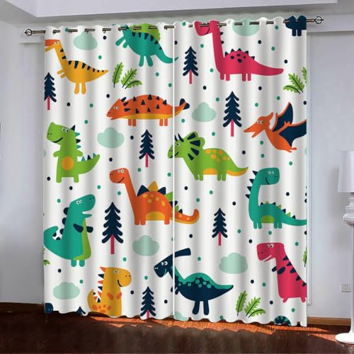 ZZTBQ Dinosaurier Muster Scheibengardinen für Kleine Fenster Niedlich Cartoon Bunter Dinosaurier Druck2er Set H 120 x B 90 cm Kurzvorhang Blickdicht Kinderzimmer Spielzimmer Gardine Dino