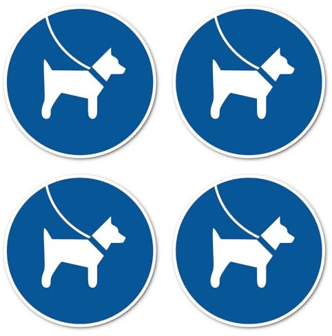 Lot de 4 panneaux d'obligation en laisse pour chien - Conforme à la norme DIN EN ISO 7010 / ASR A1.3 - Diamètre : 15 cm