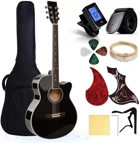 PTESAN Guitare acoustique pour débutants et adultes - Ensemble guitare acoustique à pan coupé de 104,1 cm - Avec sac de transport, accordeur, sangle, cordes, médiators, capodastre - Noir