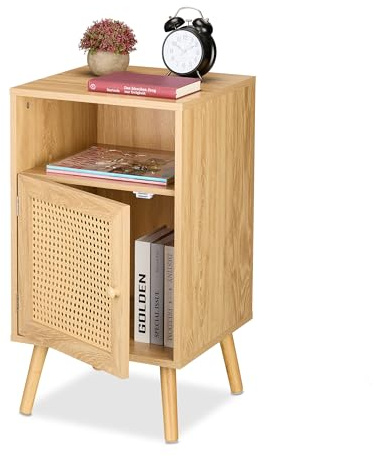 Relaxdays Nachttisch, Rattan-Tür, Holzoptik, HxBxT: 72 x 40 x 39 cm, offenes Fach, Schlafzimmer, Nachtschrank, Natur | offenes Fach, Schlafzimmer, Nachtschrank