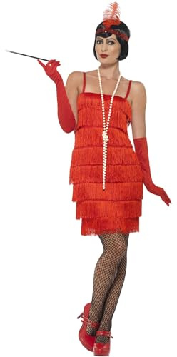 Smiffys Flapper Costume, Red with Short Dress, Headband & Gloves, 1920's Razzle Fancy Dress, Adult Dress Up Costumes